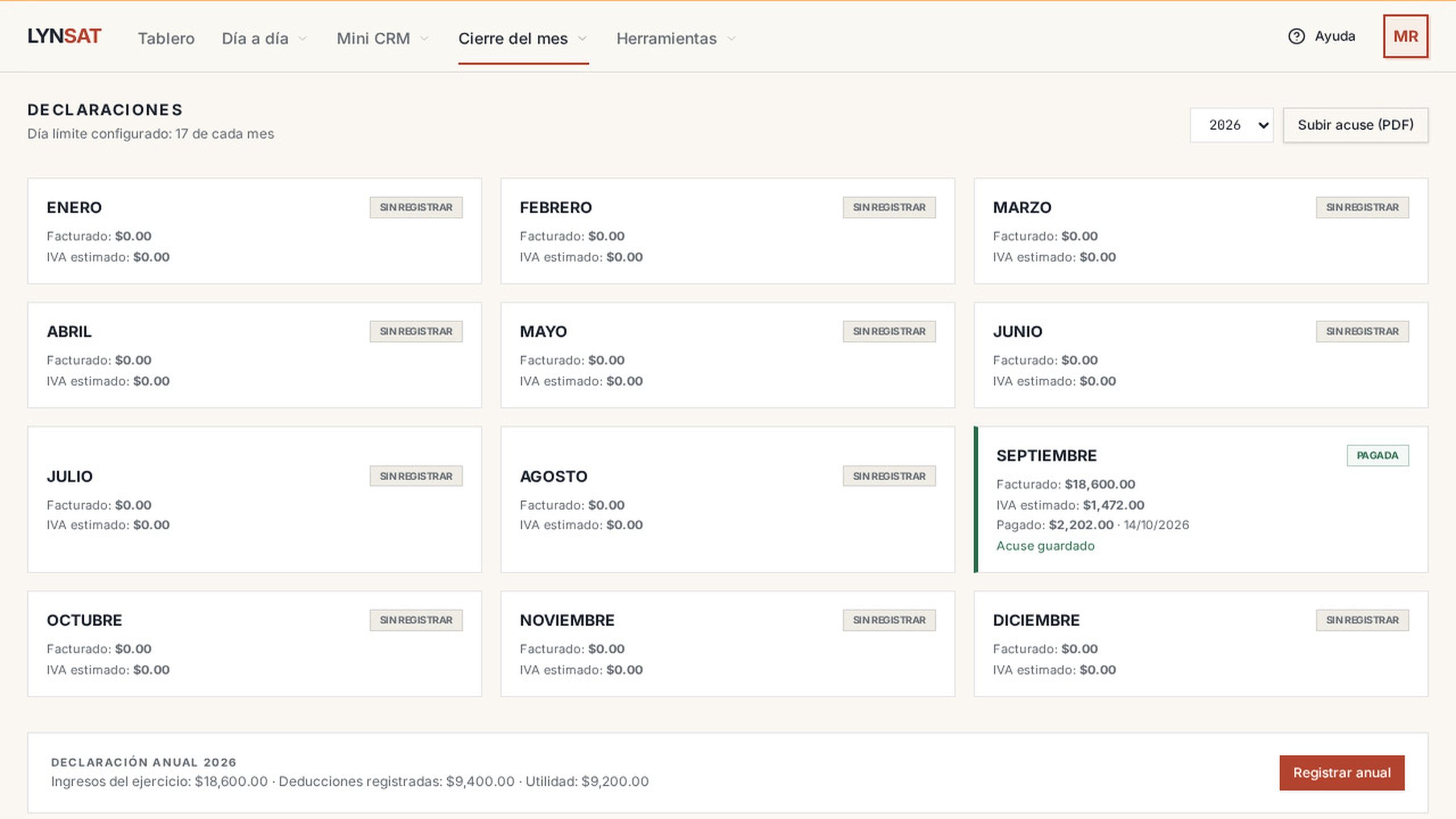 Pantalla real de declaraciones de LynSAT con datos de ejemplo